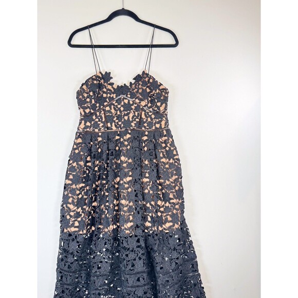 Self Portrait Dress Black Azaelea Midi V Neck Floral Overlay Evening Size 10 - Picture 6 of 15